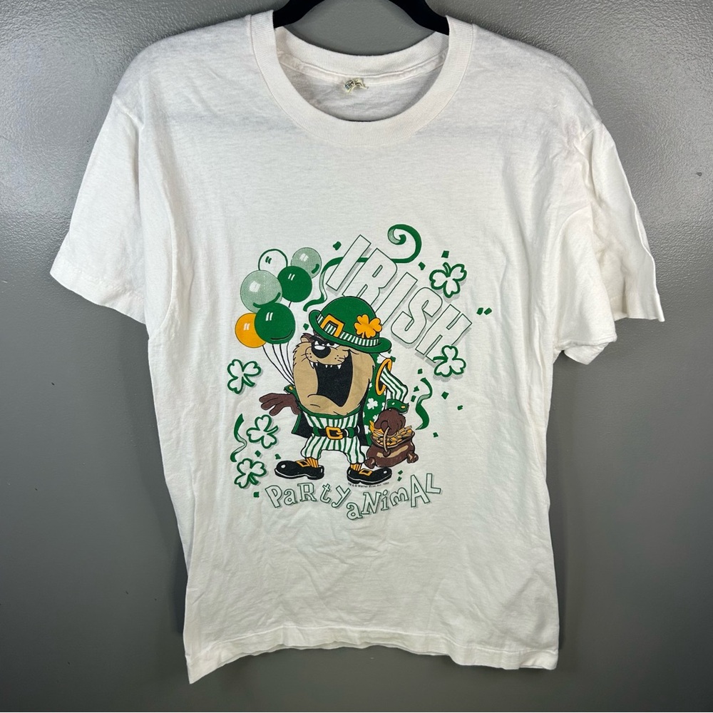 Vintage 90s 1990 Looney Tunes Taz Irish Screen Stars White Shirt Size Large